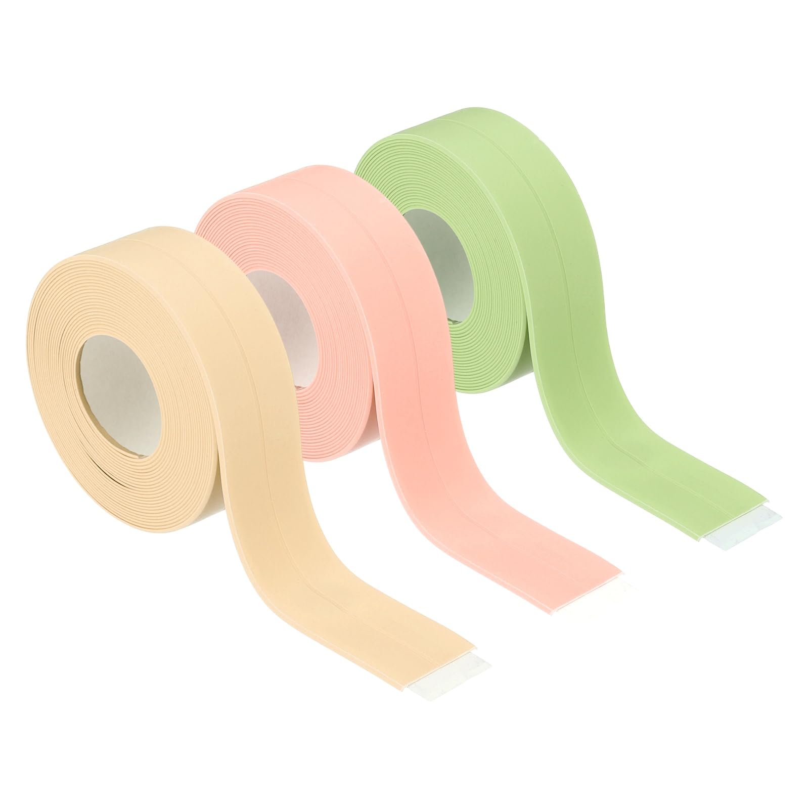 sourcing map 3 Rolls Caulk Tape Waterproof Self-Adhesive, Sealant Caulk Strip for Bathroom Bathtub Toilet Kitchen Countertop Floor Wall Edge Protector, Beige, Green, Pink, 0.9"x10.5ft