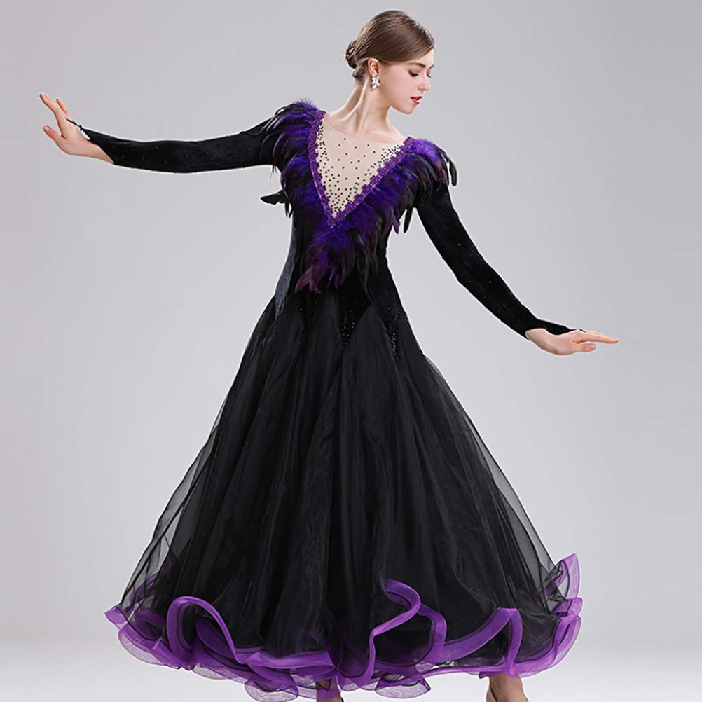 Abiti da Ballo da Competizione A Maniche Lunghe Abbigliamento Professionale per Danza Moderna Gonna A Ruota Grande con Piume per Banchetto da Donna Abito da Tango