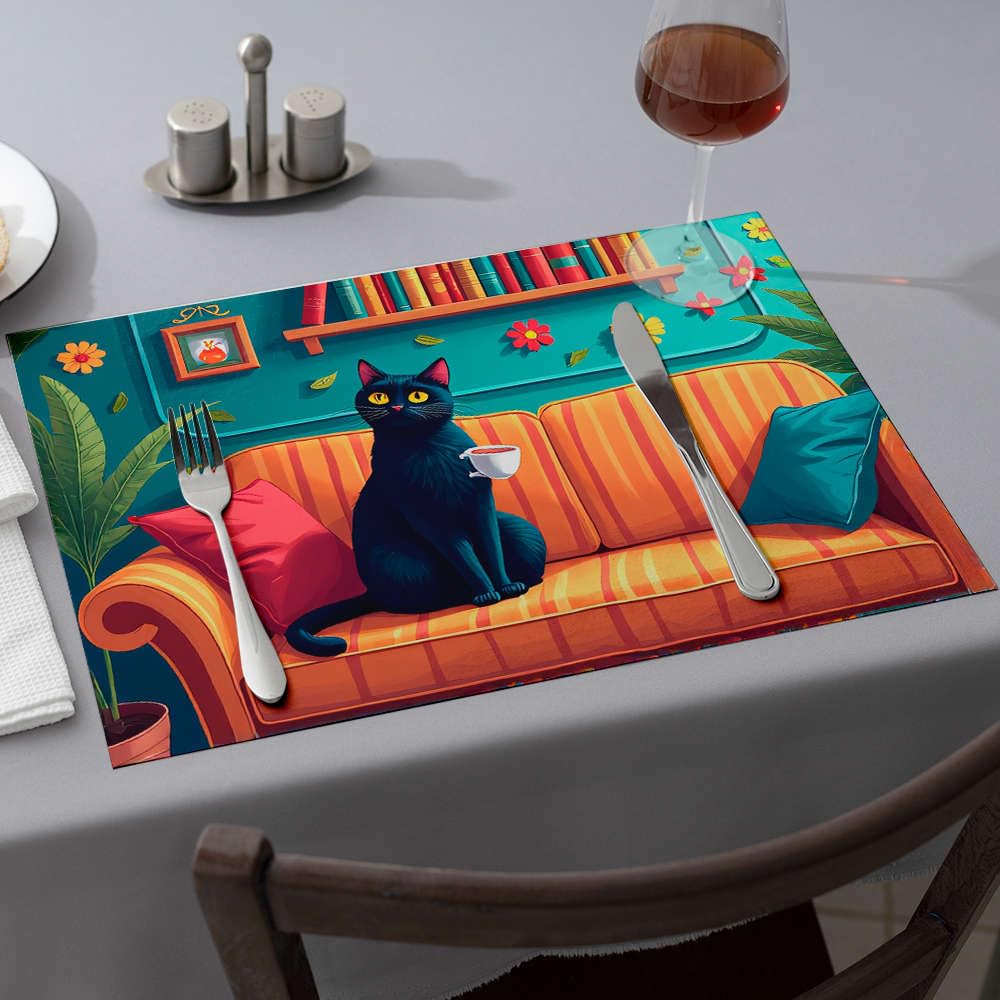 Lot de 6 sets de table bleus chat noir pour cuisine et salle à manger
