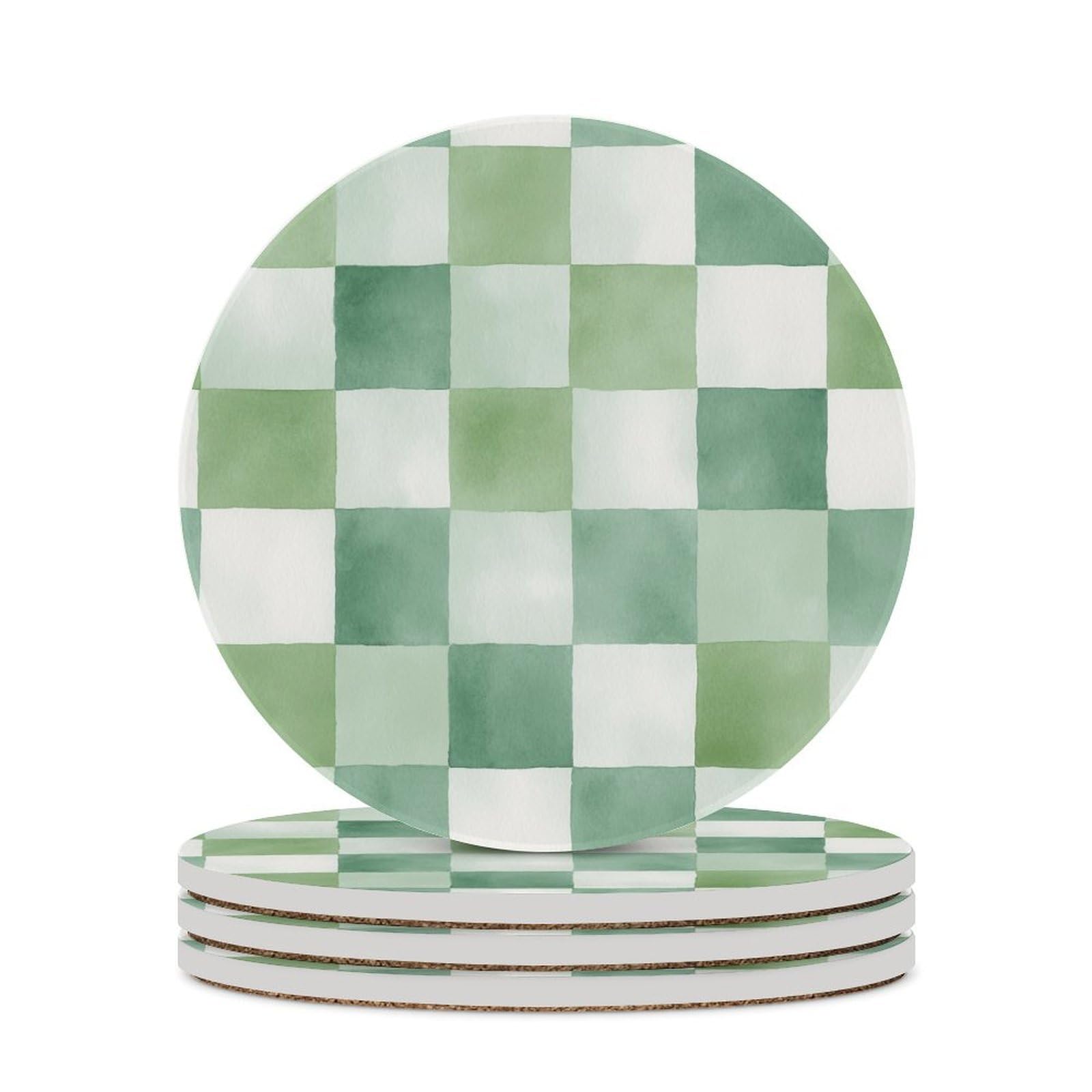Watercolor Checkerboard Sage Green And White Coasters Set of 4 Absorbent Coasters