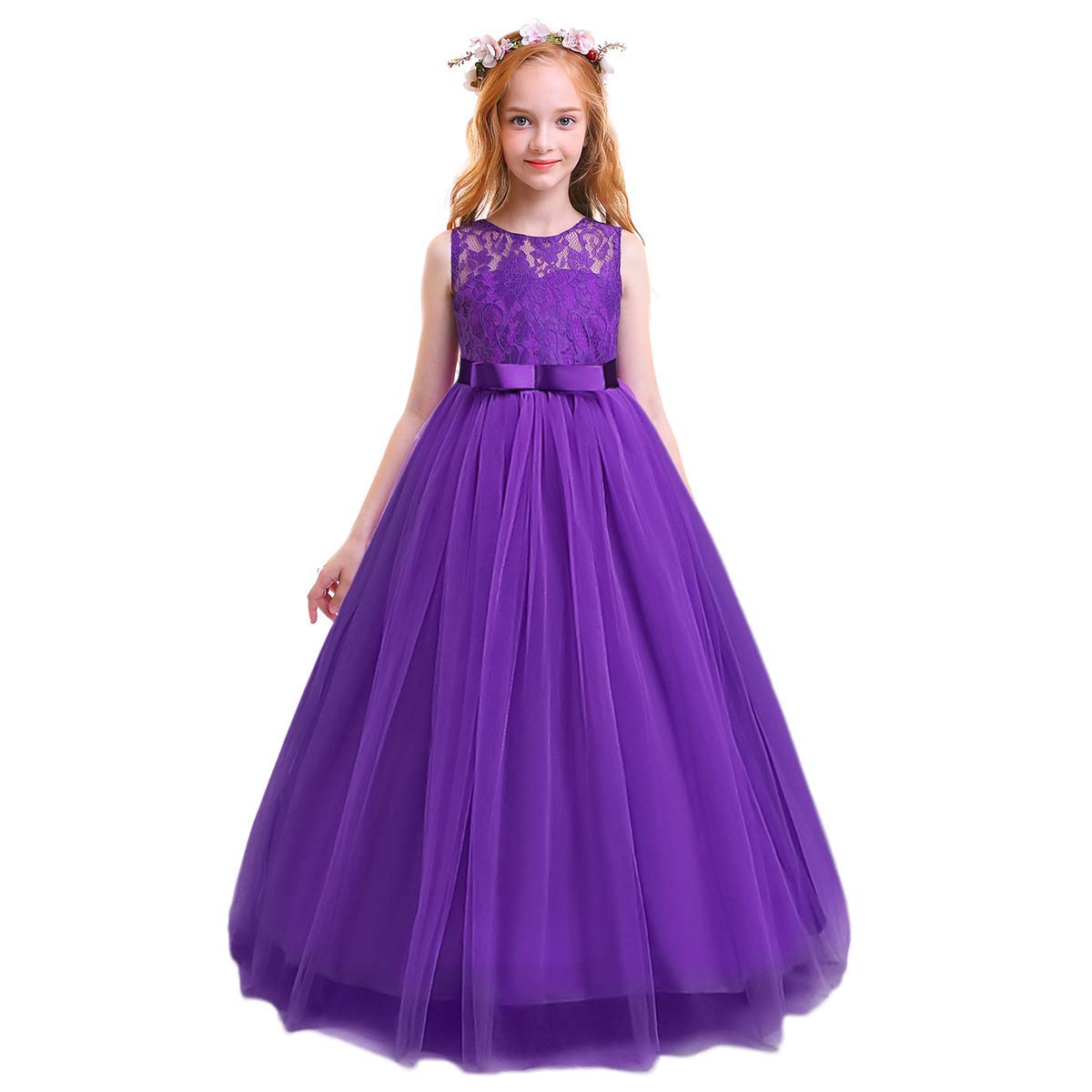 Iwemek Girls Purple Kids Lace Tulle Wedding Bridesmaid Communion Party Bowknot Dress Formal Pageant Birthday Prom Dance Ball Gown Maxi Flower Dress