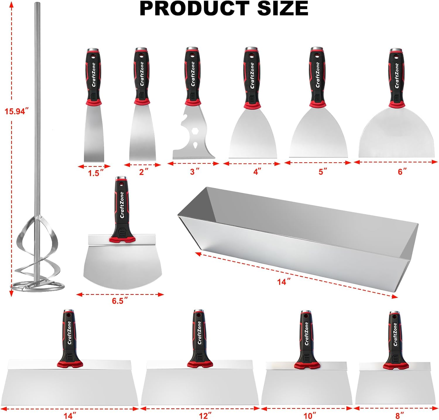14Pcs Drywall Knife Set Drywall Patch Kit Included Putty Knives Taping Knives Painter Scraper Bucket Scoop Mud Pan Paint Scraper Mud Mixer & Tool Bag
