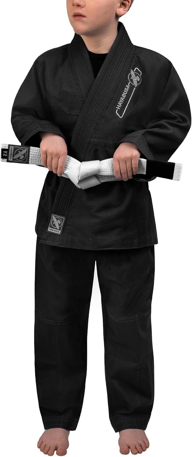 Hayabusa Essential Jiu Jitsu Gi Kids, Pearl Weave, Includes BJJ White Belt, IBJJF Compliant, Lightweight and Durable - Black, Y0