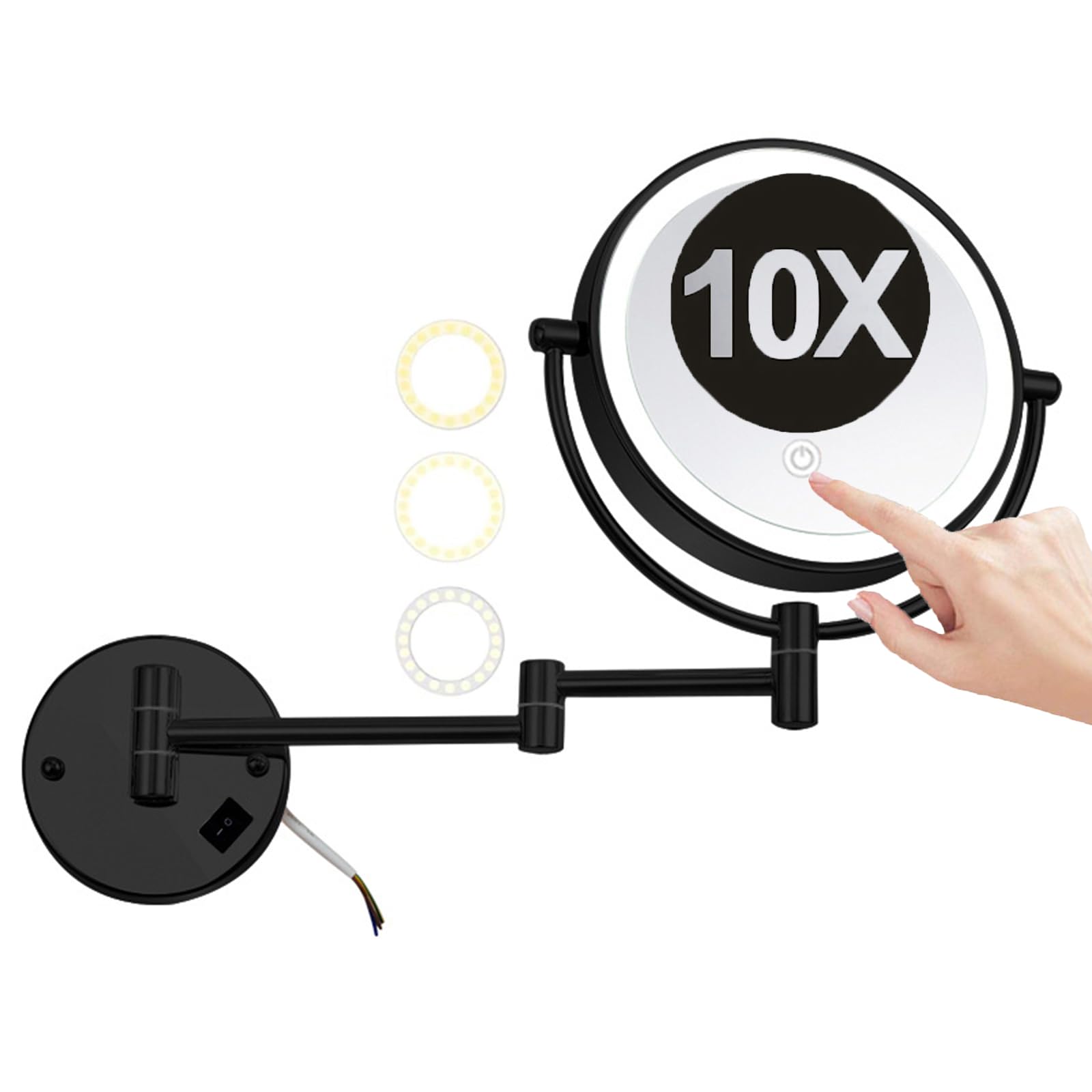 8 Inch Hard-Wired Wall Mounted LED Lighted Makeup Vanity Mirror with Touch Screen Dimmable, Dual Sided Rotatable 10X Magnifying Cosmetic Beauty Mirror