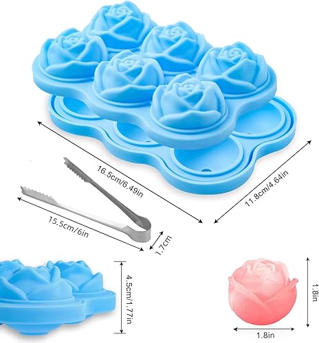 Miniatura 2 de Bandejas de cubitos de hielo, 1.8 pulgadas, 6 cavidades con clips de hielo, máquina de bolas de hielo de rosa de silicona, forma floral 3D para
