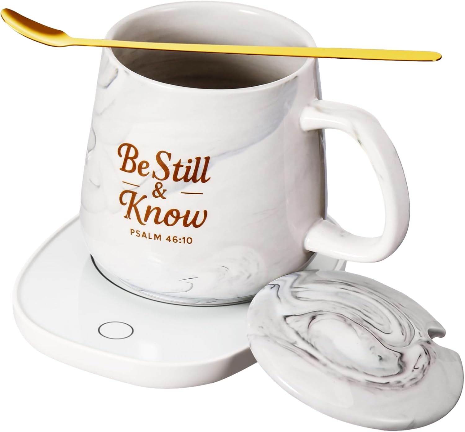 Bokon Be Still and Know Gift Coffee Mug Warmer for Desk 12 oz Cup Warmer with Mug Set Christian Bible Verse Water Tea Warmers Appreciation Cup Heater with Lid Spoon and Coaster for Desk Office Home