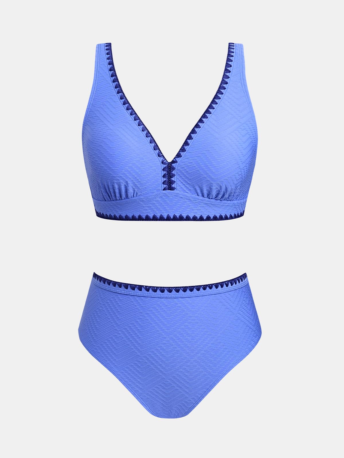 CUPSHE Damen Bikini Set V Ausschnitt Hoher Taille Strukturierter Optik Ziernähten Verstellbaren Trägern Zweiteiliger Badeanzug
