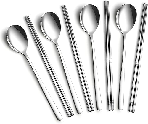Miniatura 3 de 4 Set Korean Chopsticks and Spoons, Stainless Steel Metal Set, Reusable Flat Long Handle Set for Home, Kitchen or Restaurant Juego de 4 palillos y 4