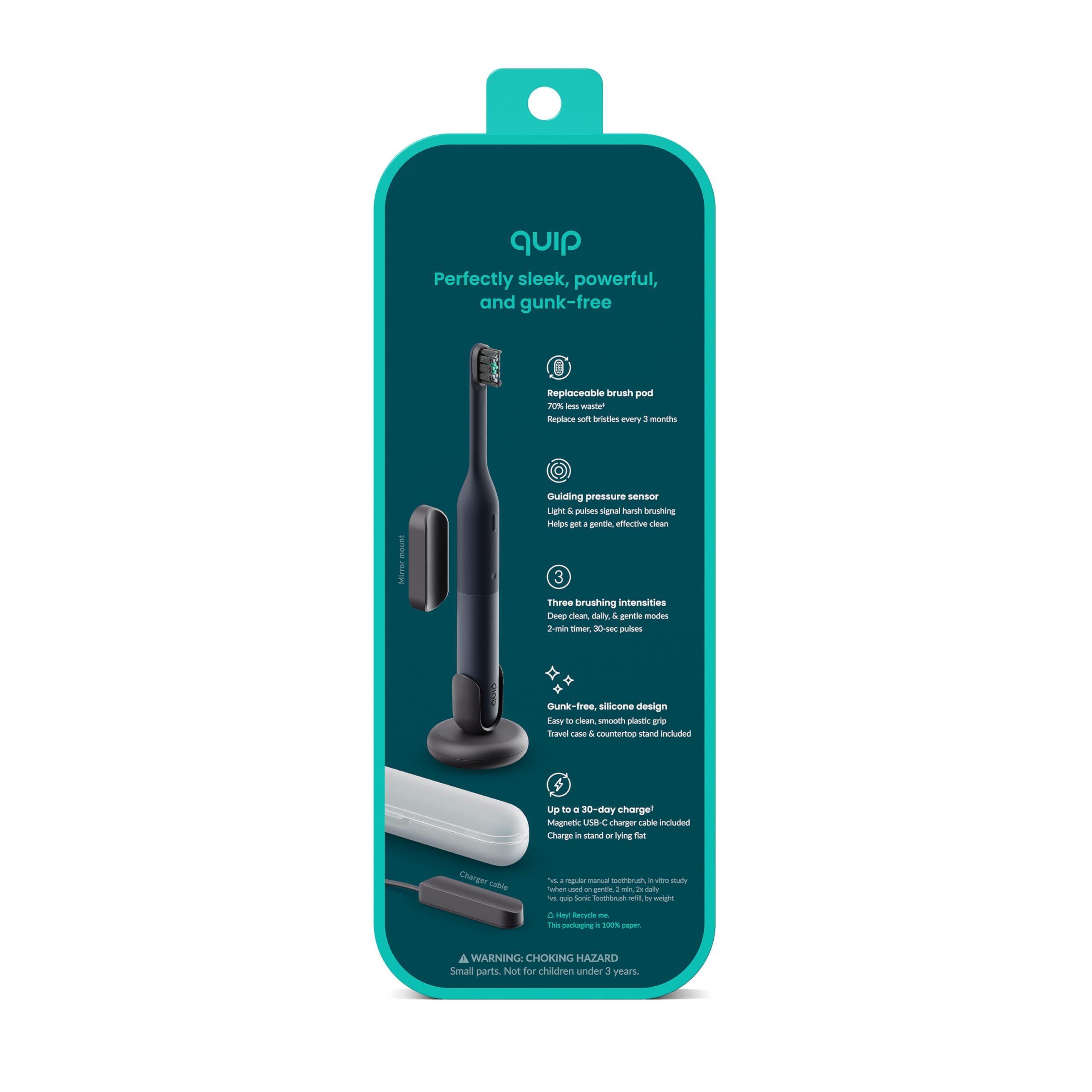 Quip Ultra Lite - Cepillo de dientes eléctrico temporizado con funda, cabezal de cepillo reemplazable, cerdas suaves, mango de silicona y plástico, duración de la batería de 30 días, cepillo de