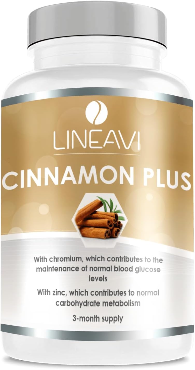 LINEAVI Cinnamon Plus, high-dose, 400 mg Cinnamon, 7 mg zinc, 100 μg Chromium per Day, Blood Sugar Level, Metabolism, Weight Loss, Skin, Hair, Made in Germany, 180 Capsules (3-Month Supply)