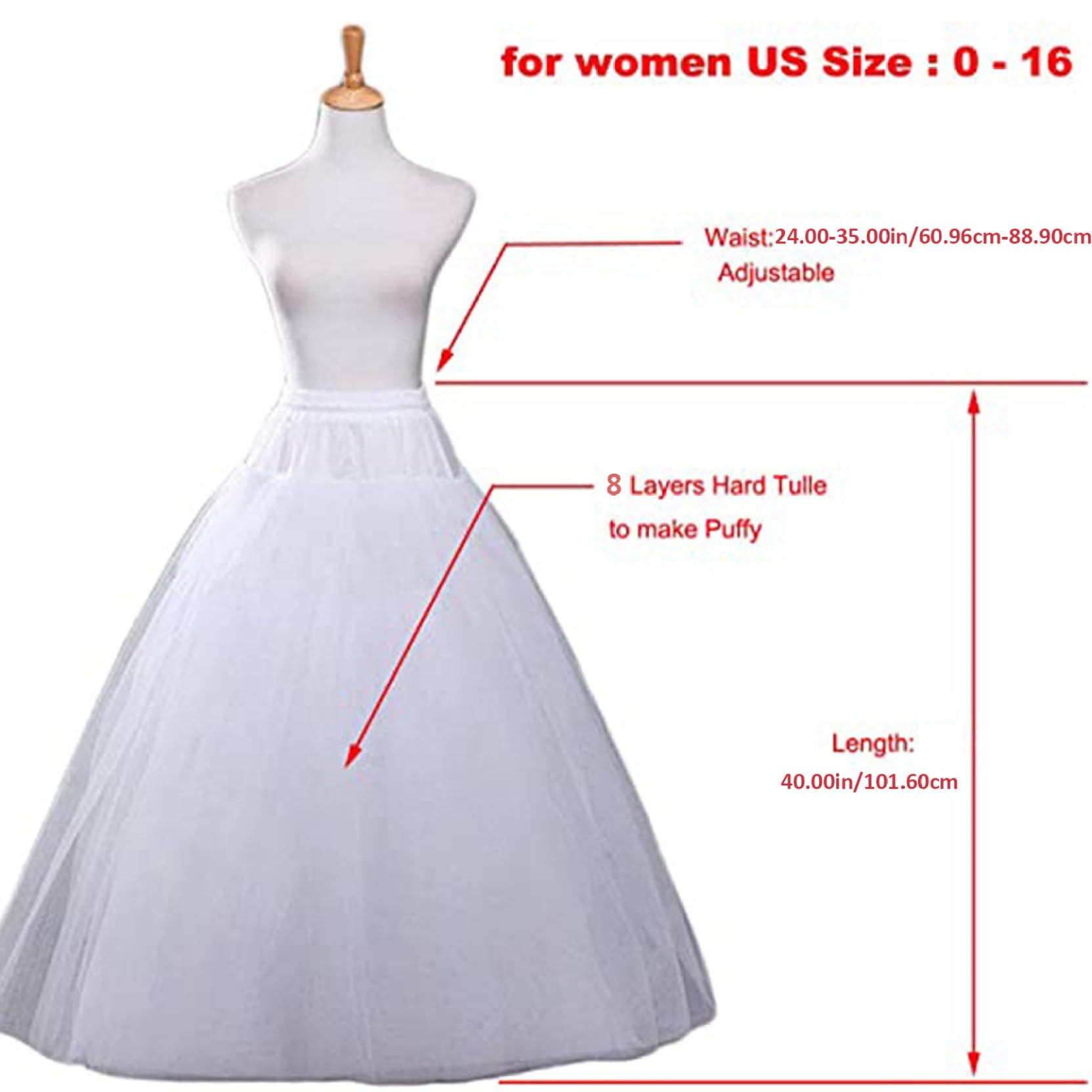 Sottogonna in Crinolina da Donna Sottogonna in Tulle gonfio a 8 Strati con Fodera Raso Sottoveste Lunga Senza Cerchio con Corda Vita Regolabile per Matrimoni Eventi Costume.