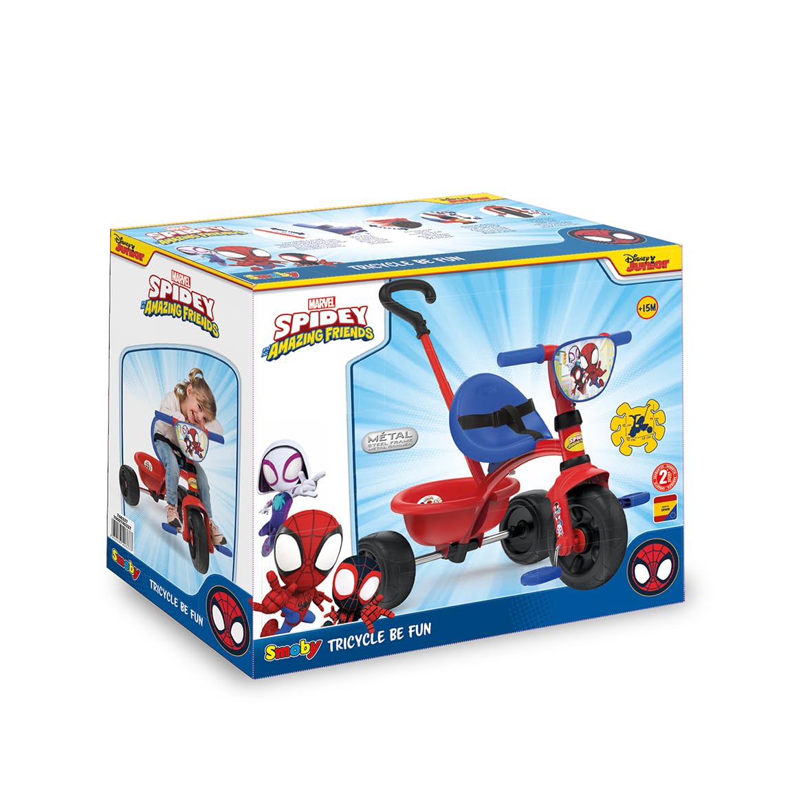 Smoby - Spidey - Be Fun Tricycle - Ewolucyjny rower dla dzieci - Regulowany i zdejmowany pałąk dla rodzica - Od 15 miesięcy do 4 lat - Wyprodukowano w Hiszpanii