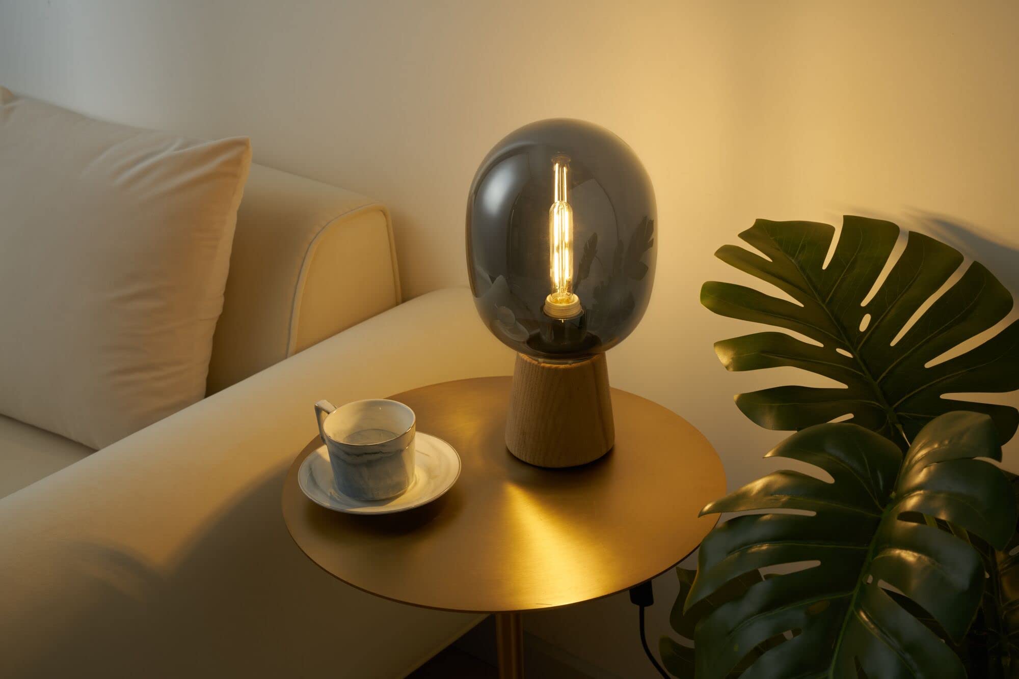 Pauleen 48232 lampe à poser Mystical Gleam max. 20 Watt en verre fumé, bois lampe de chevet de look boho naturel en verre, bois E27