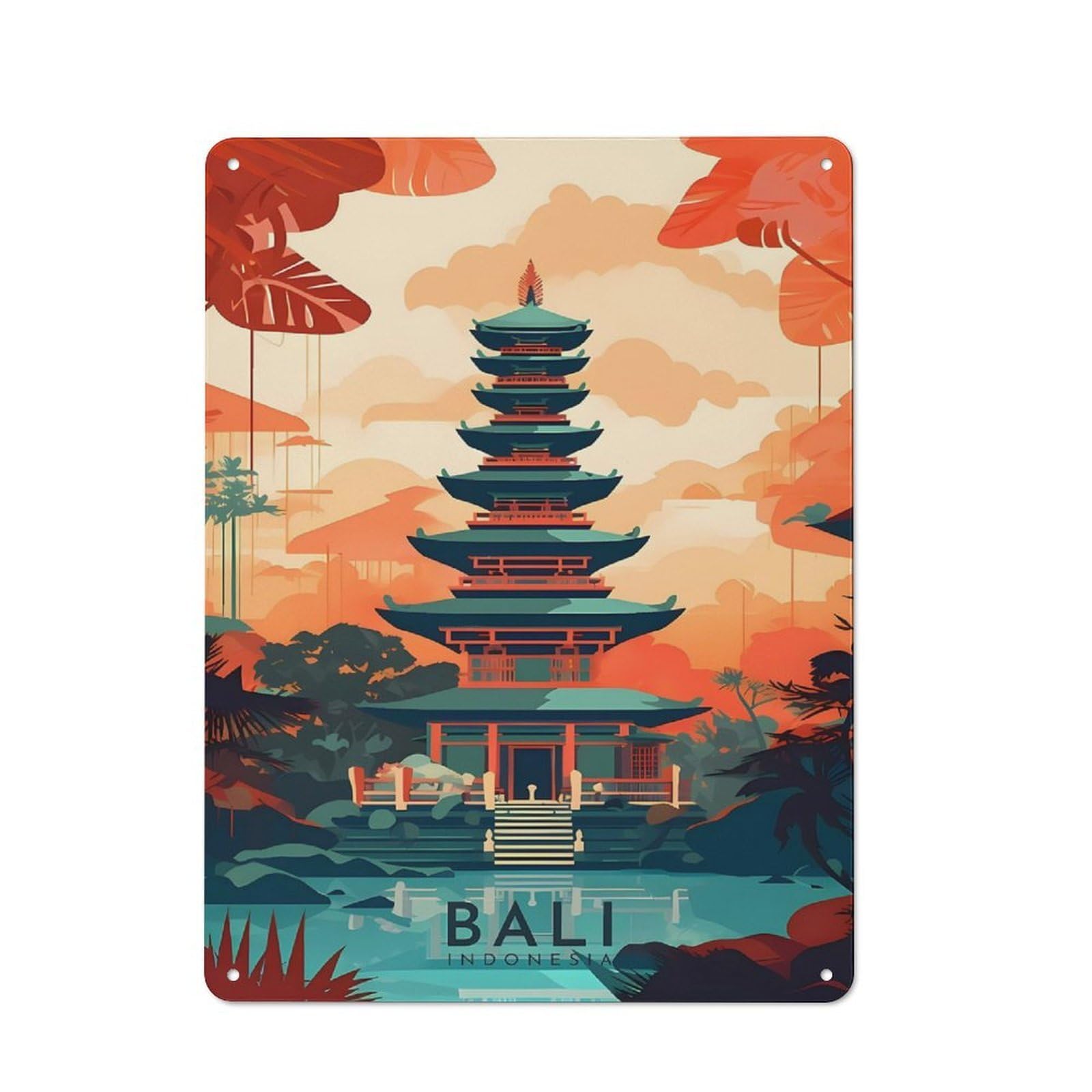 Junmoney Bali Pagoda Illustration Metal Wall Sign 40X30cm Featuring For Home Bar Wall, Housewarming Present For People Styling Home Bar