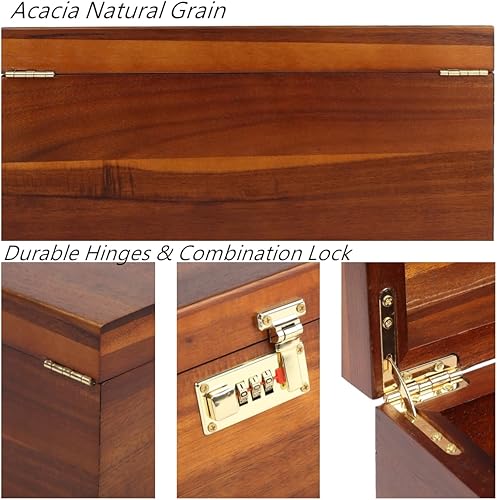 Miniatura 5 de Caja de almacenamiento grande de madera con cerradura de combinación, caja de recuerdo de madera de acacia de 12.5 pulgadas con tapa para