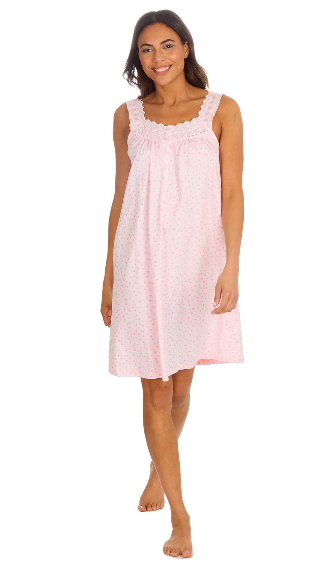 Nikaro Ladies' 100% Cotton Nightdress Sleeveless, Lace Trim, Polka Dot Print Soft & Breathable Nightie (Pink) 18-20