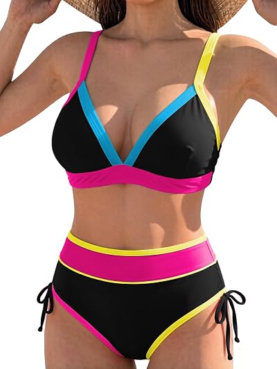 Costume da Bagno Donna Due Pezzi Push Up Imbottito Reggiseno Sexy Bikini Blocchi di Colore Abiti da Spiaggia Brasiliana Costumi da Bagno Estivi Vita Alta Beachwear