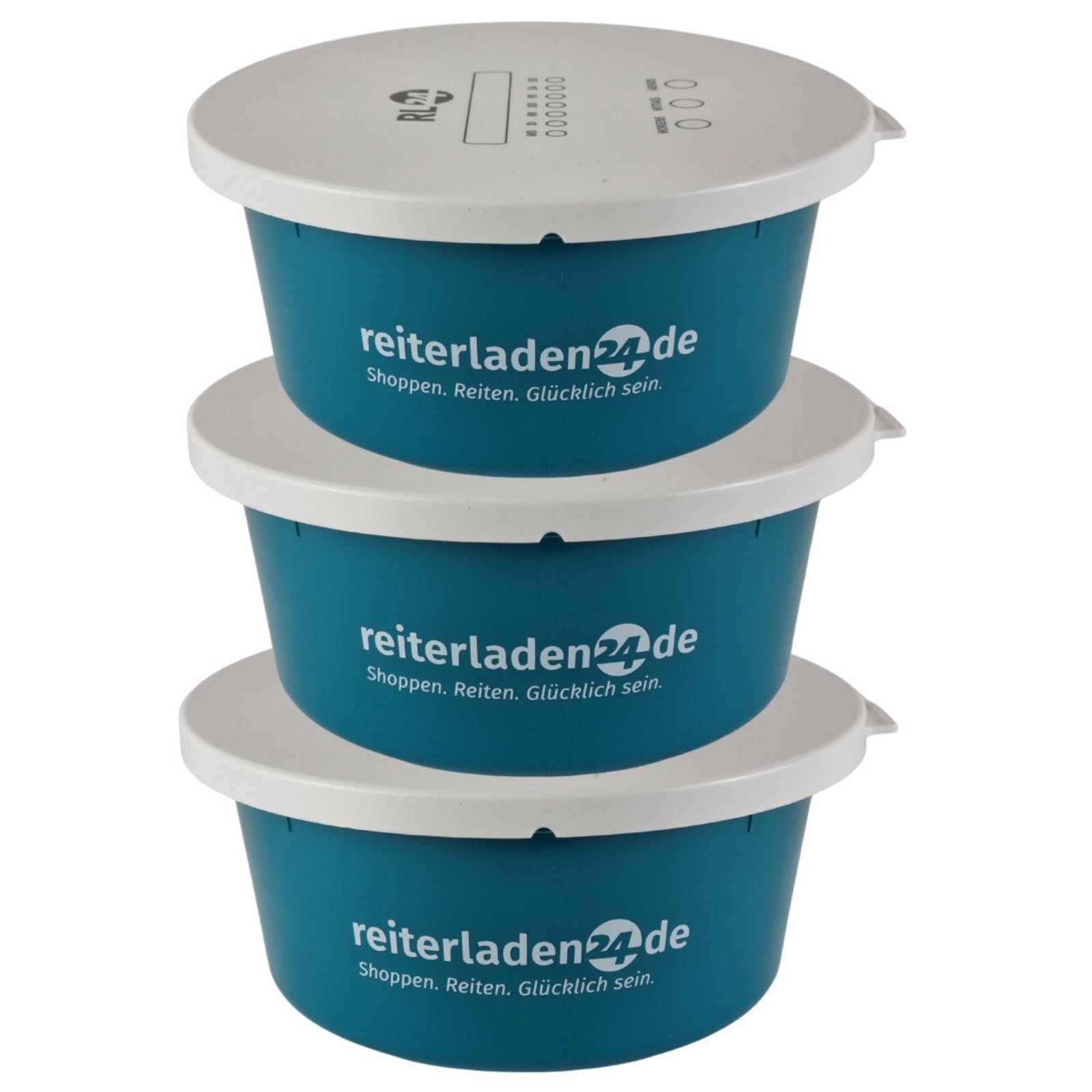 RL24 - Leckerlischale – Pferde Müslischale mit Deckel – Futterschale zur Aufbewahrung von Leckerli & Pferdefutter – Leckerli-Dose in Wasserblau – 3 Schalen á 6l (3er Set) – Pferdezubehör