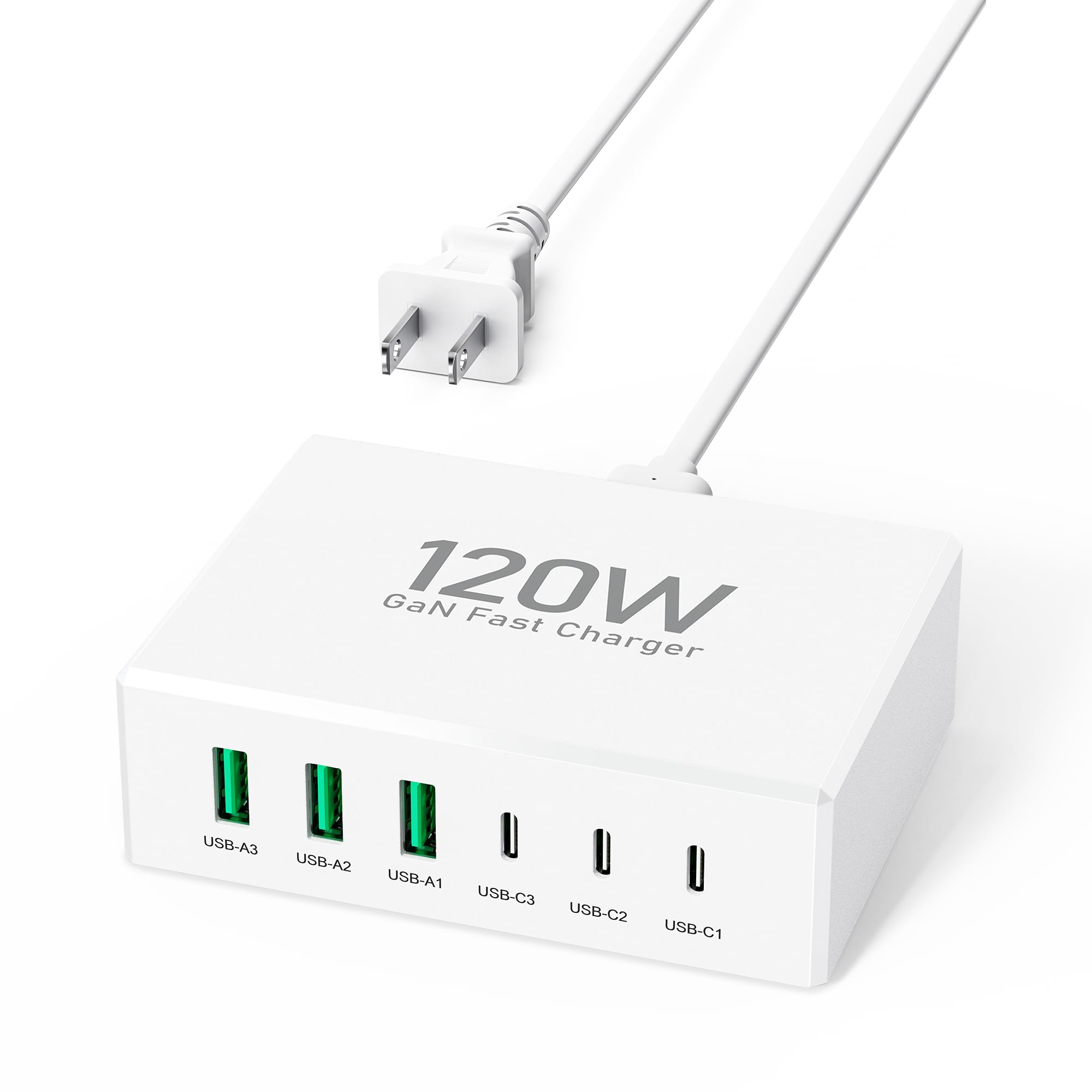 USB C Fast Charger Block,120W GaN 6 Ports PD Type C Wall Charging Station Hub for Multiple Devices,Super Fast USB A Charger Power Adapter Plug Box for iPhone 15 14 13 12 Pro Max, 5ft AC Extension Cord
