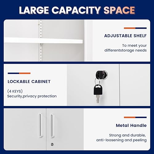 Miniatura 5 de Yizosh - Armario de almacenamiento de metal con cerradura de 71 pulgadas, armario alto de garaje con 4 puertas y 2 estantes ajustables, de acero,