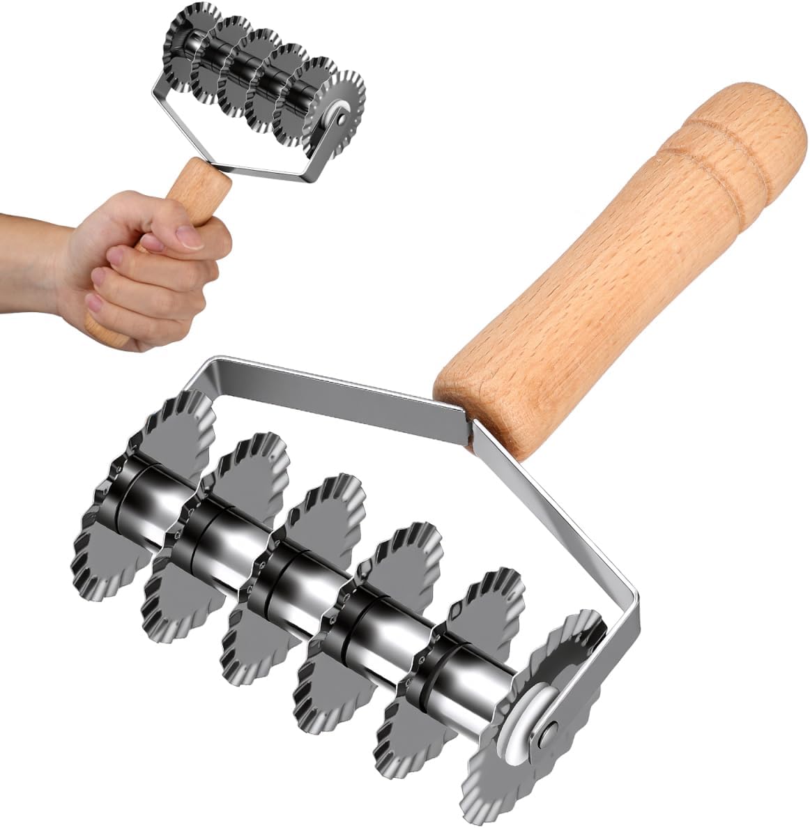 OSALADI Lattice Dough Cutter with Wooden Handle 8.07In Kitchen Gadget for Pastry Pie Pizza Noodle Cutting Tool Stainless Steel Lattice Roller for Home Baking
