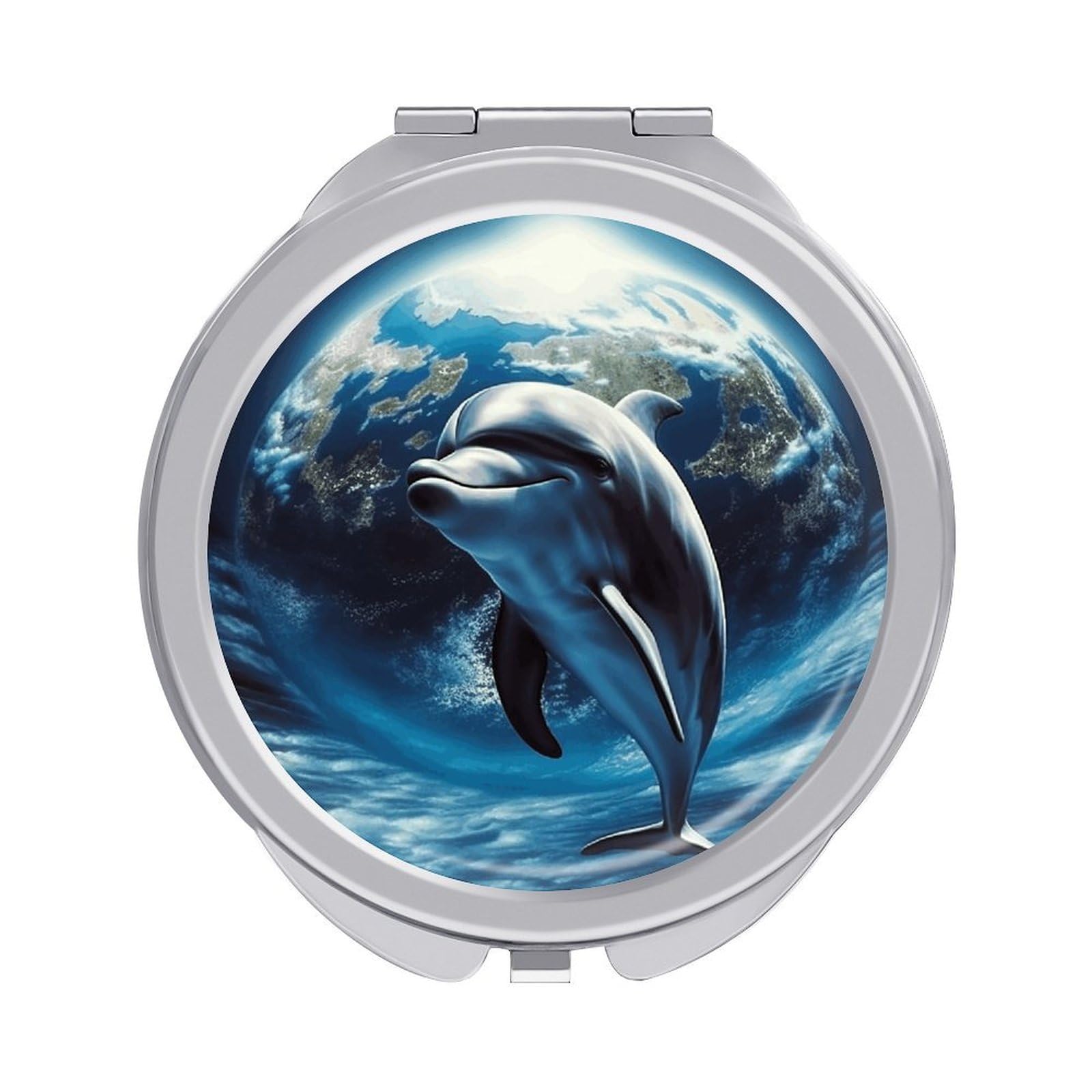 JTREHY Dolphin Earth Makeup Mirror Silver Mirror Surface Folding Makeups Mirrors Lightweight Durable Looking Glass for Suitable Traveling Handbag and Purses