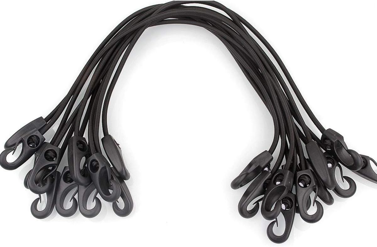 HNBun 12 Pieces Bungee Cords with Hooks, Adjustable 24-Inch Bungee Cords Carabiner Bungee Cord Strong Elastic Rope Shock Cord Heavy Duty Bungee Cords for Roof Racks, Trailers, Ground Sheets, Black