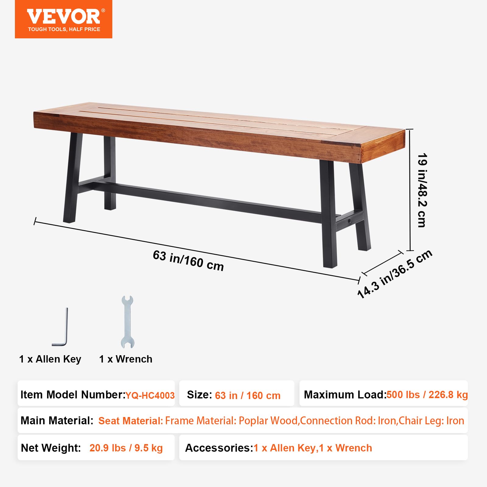 VEVOR Gartenbank Gartenmöbel Bänke 113 cm 272 kg Tragkraft, wetterfeste Verandabank mit verstellbaren Fußpolstern & dickem Bein, Terrassenbank aus Kunststoff für Garten Park Hof (1600 x 365 x 482 mm)