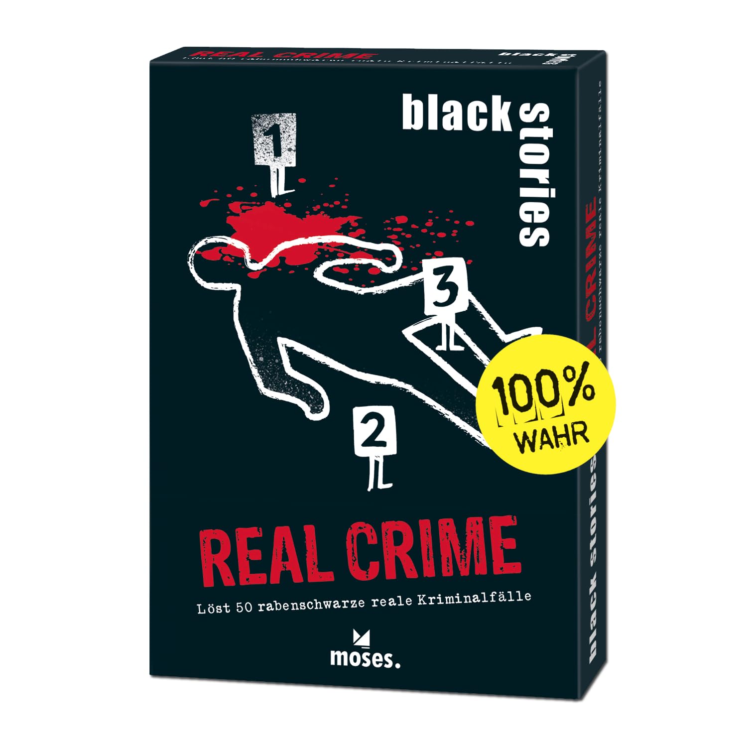 moses. Black Stories Real Crime - 50 Puzzles about Real Crime Cases, Crime Card Game with Game Variant and Score Chips, Puzzle Game for Teenagers and Adults