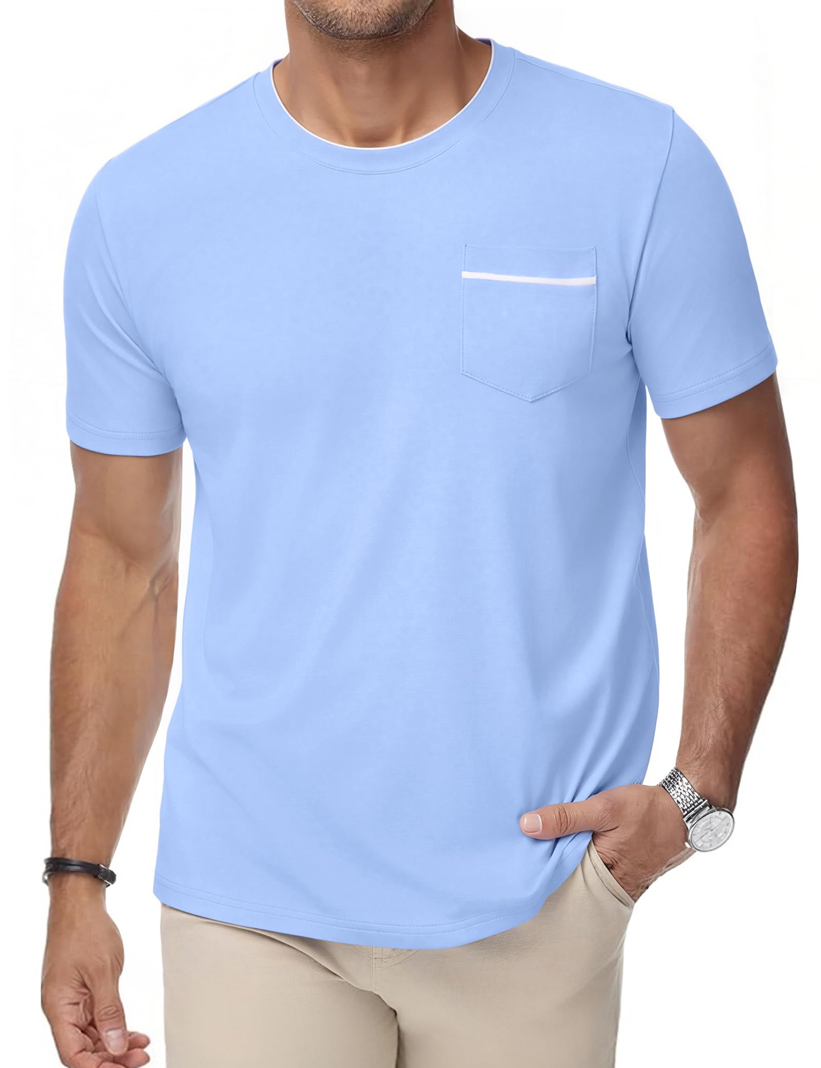 iClosam T Shirt Herren Baumwolle Kurzarm Rundhals mit Brusttasche | 95% Baumwolle 5% Elasthan Kontrastdetails Brusttasche Regular Fit für Sommer Alltag und Freizeit