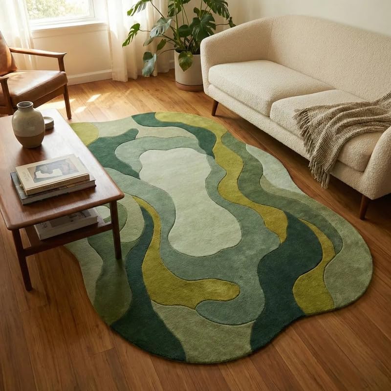 Hand Tufted Wool Irregular Shape Area Rug 8x11 Ft (96x132 Inch) Modern Abstract Green Carpet for Living Room Bedroom Soft Thick Handmade Luxury Designer Unique Shape Rug