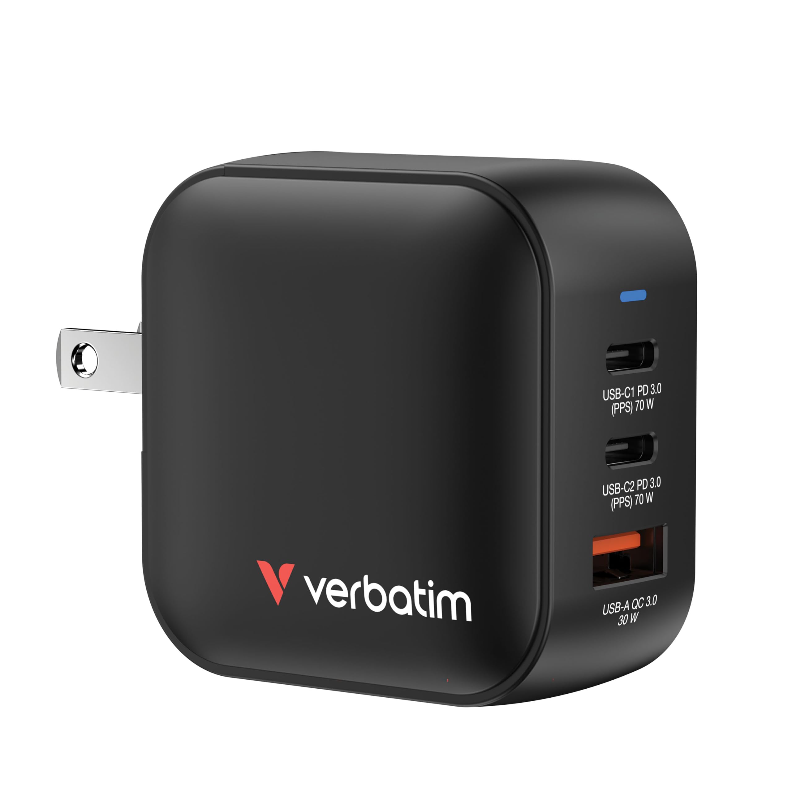 Verbatim Mini GaN Charger 70 W, 3 Ports USB-C Ladegerät, Power Adapter mit 2 x USB-C und 1 x USB-A, Schnellladegerät als Mehrfachstecker, für Apple iPad, iPhone, Samsung & Co, für EU, UK, USA