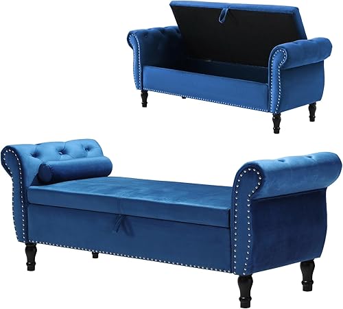 Aoowow Banco de almacenamiento de terciopelo para dormitorio, extremo de la cama, cama otomana de 63.2 pulgadas de largo con brazo enrollado con