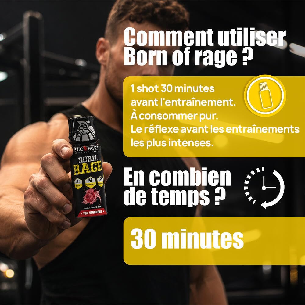 BORN OF RAGE SHOT PREWORKOUT - Énergie Instantanée - Booster Musculaire - Caféine Haute Teneur - Endurance & Performance - Display 12x50ml - Saveur Citron - Eric Favre