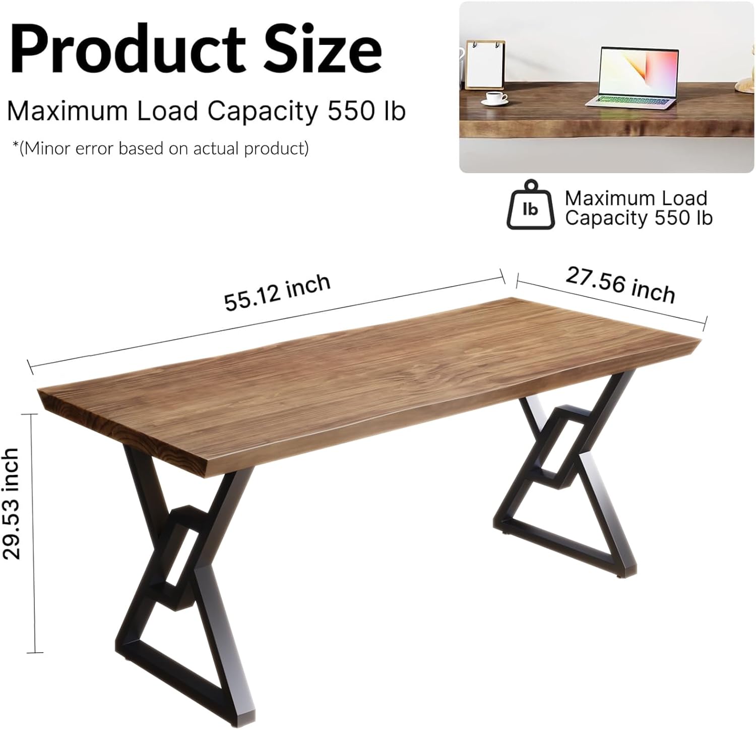 Solid Wood Rustic Style 55.1-inch Computer Desk - Large Office Desk for Home Office, Modern and Simple Design, Ideal for Dining,Study, Writing (Black-w, 55.12 * 27.56 * 29.53)