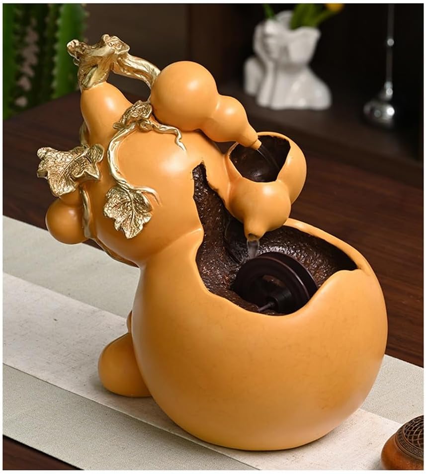 Tabletop Fountains Gourd Desktop Fountain Small Recycled Water Decorative Ornament Indoor Meditation Fountain Relaxation Fountains(Deep Yellow)