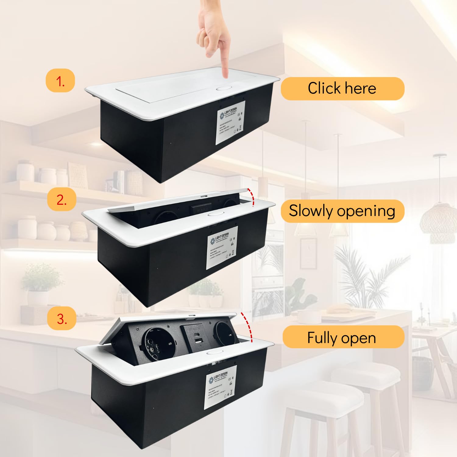 EVOTRADE Multiprise encastrée avec 2 prises SCHUKO + 2 prises USB (A+C), câble de 1,5 m - Pour bureau, salle de réunion, plan de travail - Couleur blanche
