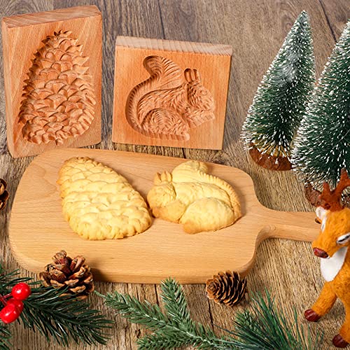 Meanplan Carved Wooden Cookie Mold, Baking Embossing Cookies Stamp Mold Cutter Funny 3D Pinecone Cookie Mold Wood Squirrel Cookie Mold For Christmas Kitchen Diy Baking Tools (Squirrel, Pine Cone) #TOP3