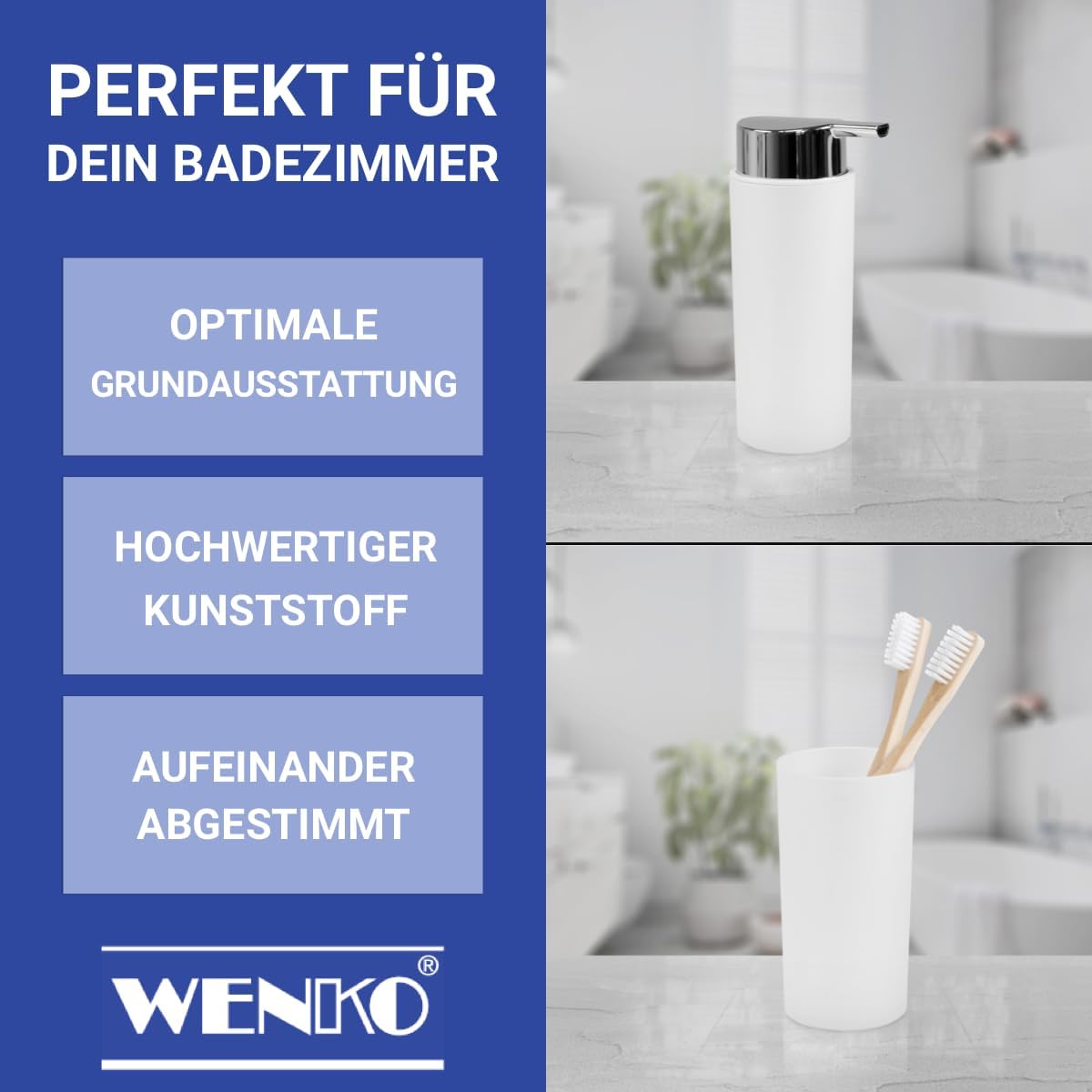 WENKO White Bathroom Accessories, 4 Piece Set, Toothbrush Cup, Trash Can, Soap Dispenser, Toilet Brush Holder, Bathroom Sets Complete, Matt, Plastic/Stainless Steel