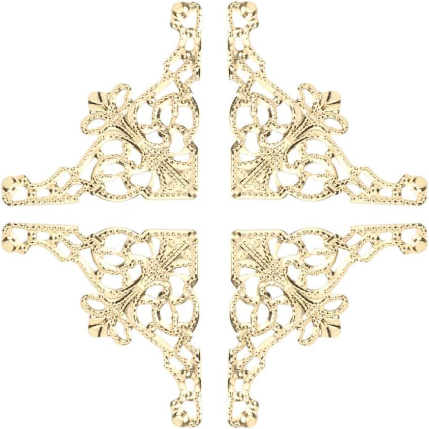50Pcs Vintage Decor Box Corner, metal appliques Furniture Decorative Cover Corner Embellishments Book Corner Protectors Metal Iron with Filigree Pendant Connector for Photo Furniture Crafting (yellow)