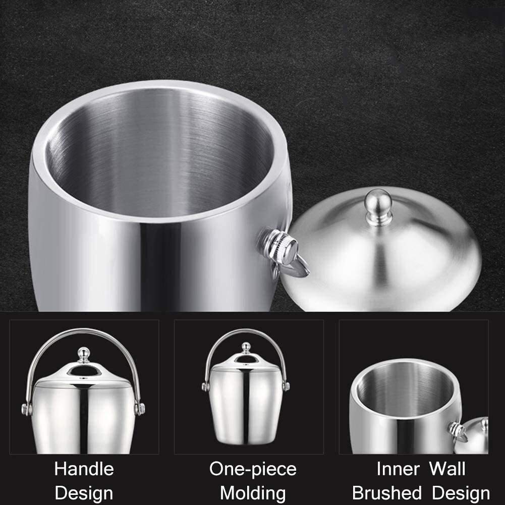 Cubo de hielo de acero inoxidable con aislamiento de doble pared, cubo de hielo portátil para champán y vino, cubo de hielo de doble pared con pinzas para hielo, enfriador de vino plateado, tina