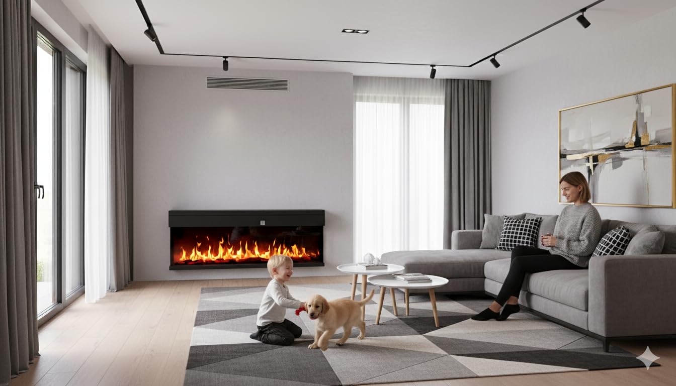 CHEMIN'ARTE Camino elettrico da incasso con effetto fiamme LED 3D 180 cm, 3 lati con 3 modalità di Installazione - Effetto Fiamma LED con 12 Colori