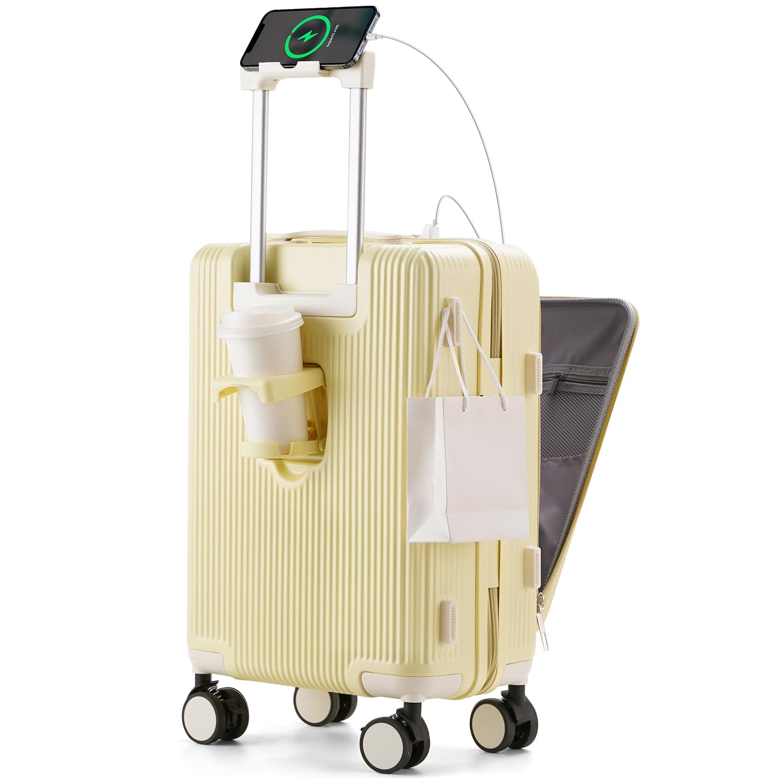 Carry On Luggage with Cup Holder, Large Capacity Top Opening Hard Shell Suitcases Travel Luggage with Wheels حقيبة سفر مع حامل أكواب (Yellow, 26inch)