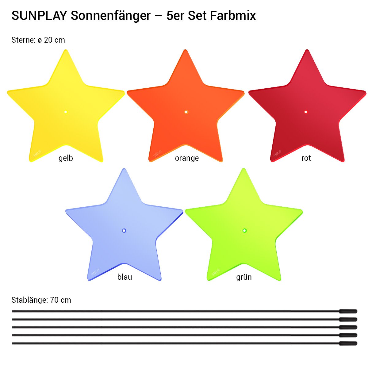 SUNPLAY Sonnenfänger Sterne Stella im FARBMIX, 5 Stück zu je 20 cm Durchmesser im Set + 70 cm Schwingstäbe
