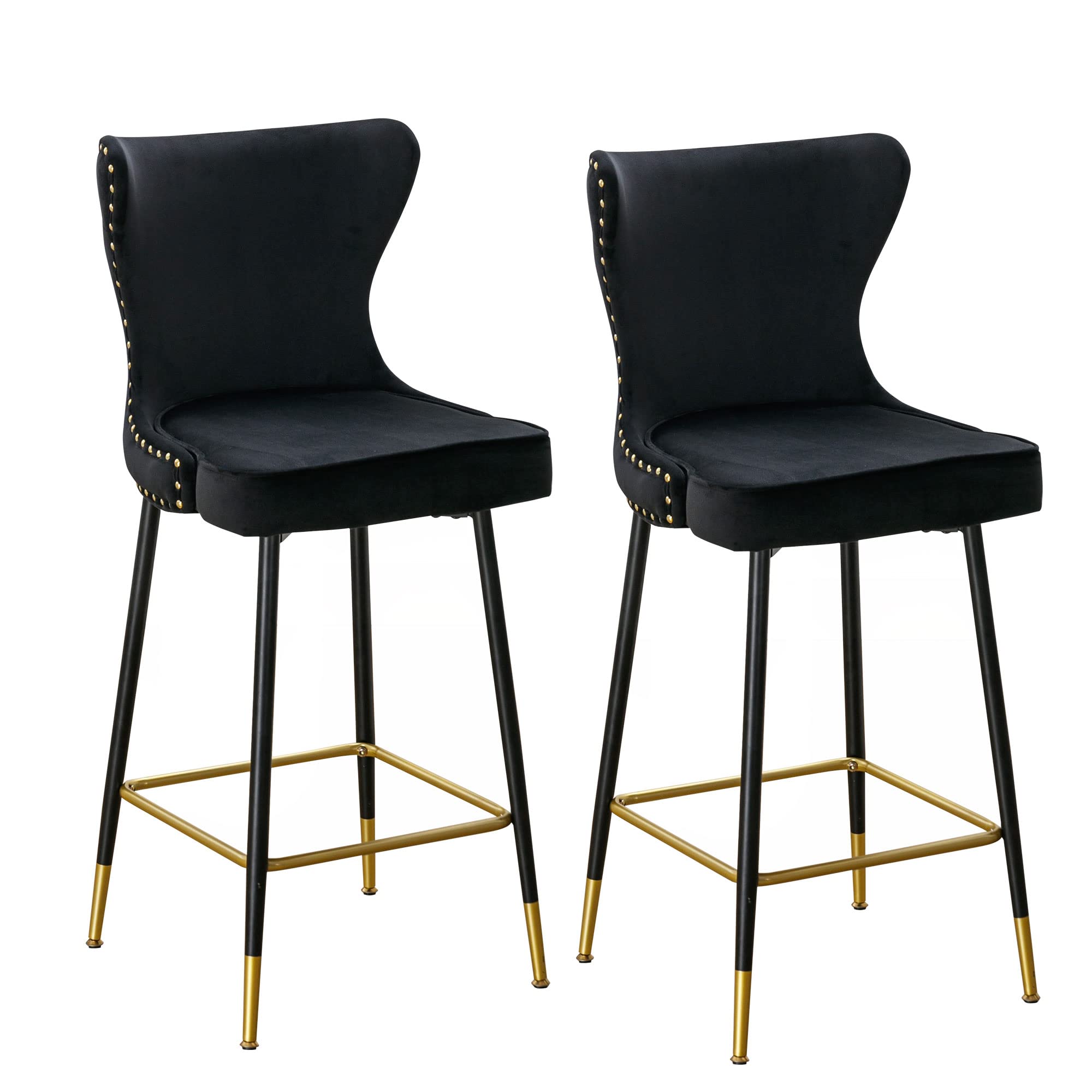ORRD Modern Bar Stools Set of 2, Velvet Button Tufted Upholstered Counter Height Chair with Back Round Ring and Metal Legs for Home Bar Kitchen Breakfast Island (Black)