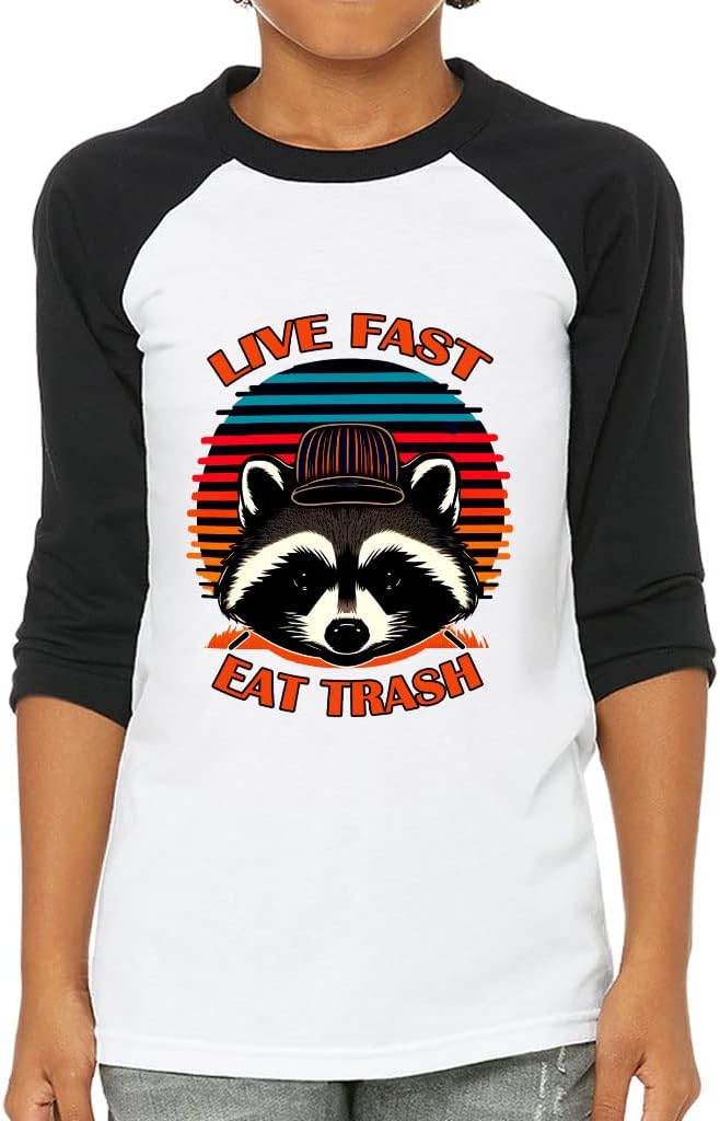 Live Fast Eat Trash Kids' Baseball T-Shirt - Funny 3/4 Sleeve T-Shirt - Raccoon Baseball Tee