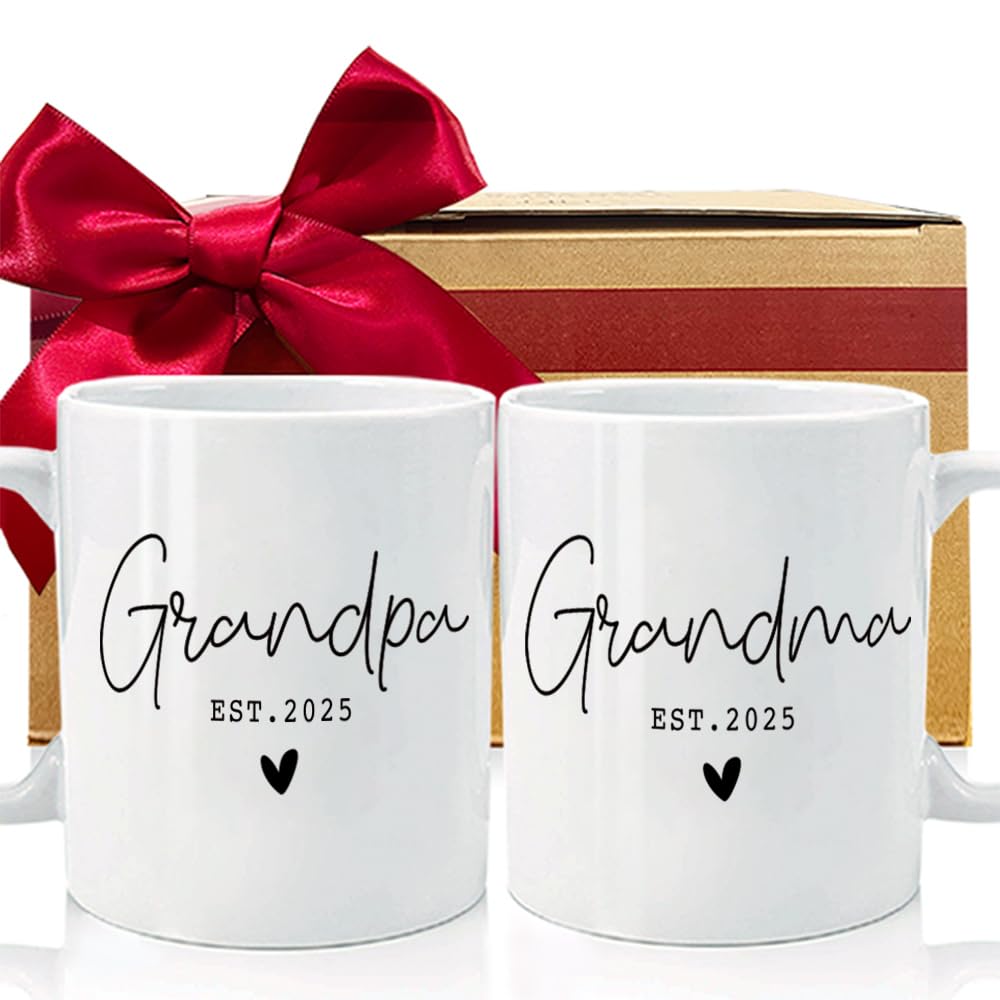 CATABUBU EST 2025 Grandparents Mugs Set Gift for New Grandparents, Baby Reveal Pregnancy Reveal Announcement Mug Gifts for Grandpa Grandma to Be, Valentine's Day Gift, First Time Grandpa Grandma Gift