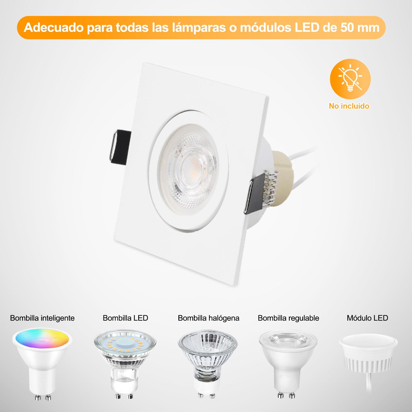 KYOTECH Juego de 6 focos empotrables con marco GU10, color blanco, orientable, cuadrado, incluye portalámparas GU10 para bombillas halógenas, módulo LED MR16