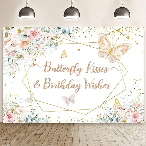 Fondo de fotografía de mariposas de 7 x 5 pies con diseño de besos y deseos de bebé, decoración de baby shower para niñas, decoración de princesa