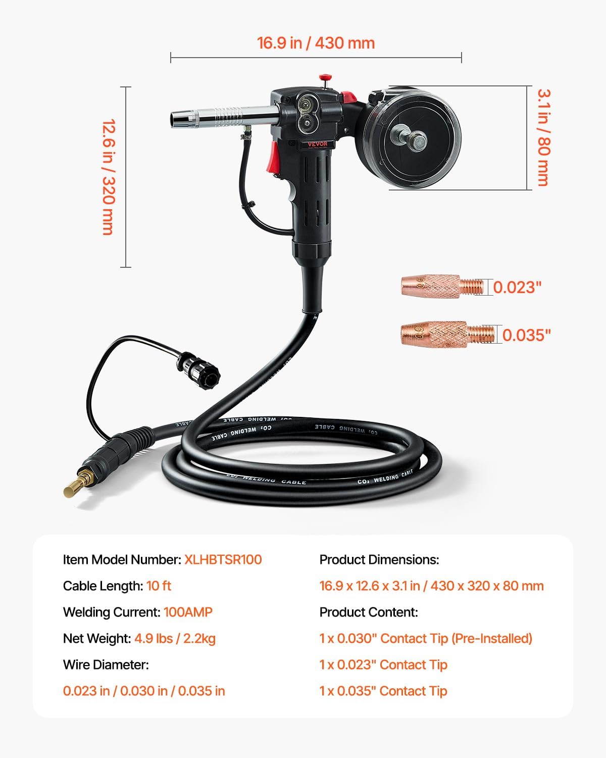 VEVOR 100Amp Spool Gun with 10FT Cable, Compatible with Hobart Handler 210 MVP Mig Welders, Suitable for 0.023", 0.030" and 0.035" Flux Core/Solid/Aluminum Welding Wires